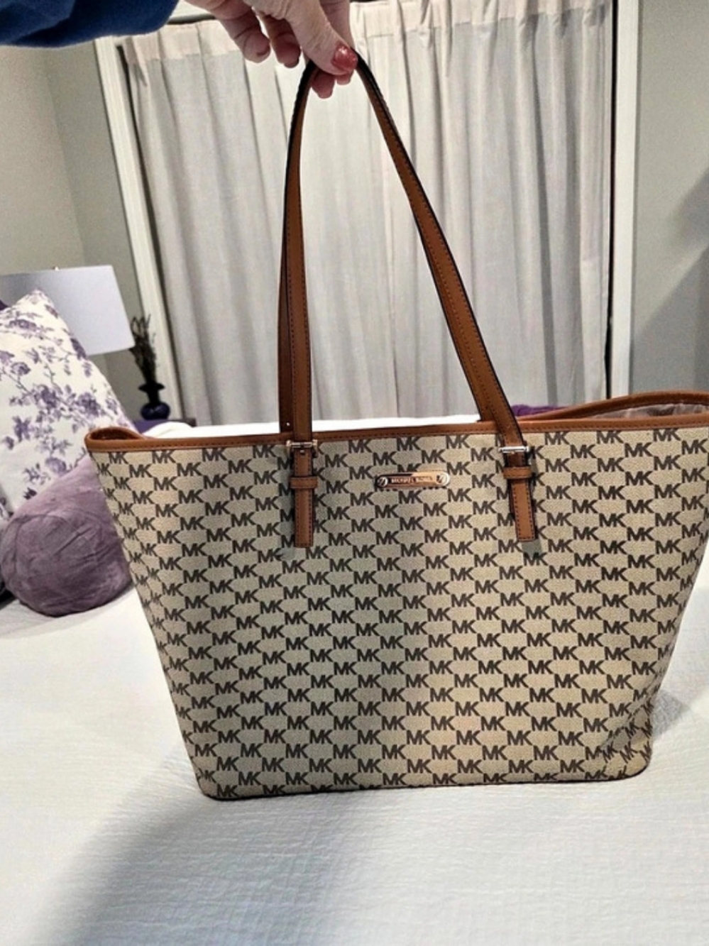 Michael Kors Jet Set Medium Logo Pocket Tote Bag in Brown & Beige